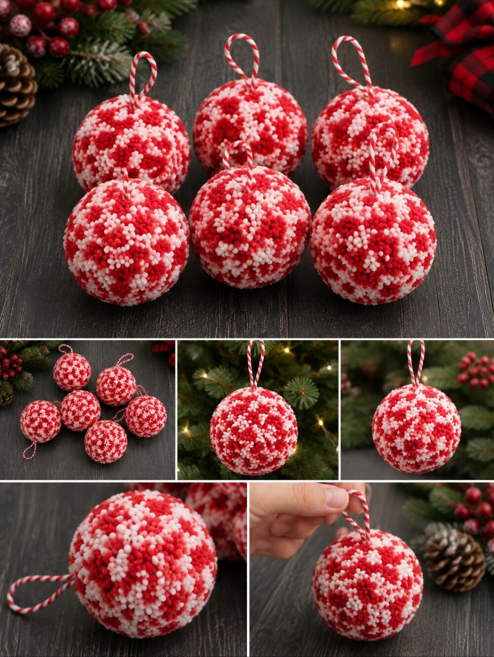 Red & White Pompom Christmas Ornaments Set of 6 String Hangingโ Decor